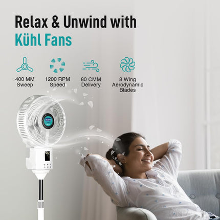 KUHL Exzel H1 Next Gen Desert Cooler BLDC Pedestal with Mist & Humidifier|8Blades |4Speed| Remote & Touch Panel with Display| Height Adjustement| Low Noise|8 Hr Water Tank|400mm |Free installation 