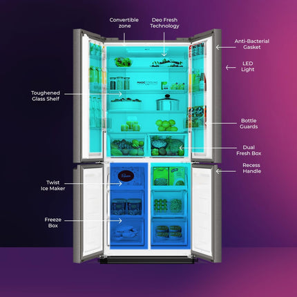 Haier 520L 3 Star Lumiere French Door 4-Door Side by Side Frost Free Refrigerator | Convertible Magic Zone | Inverter | Digital Display Panel | Deo Fresh Technology (HRB-600IS, Inox Steel) 