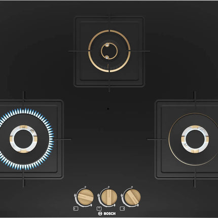 Bosch Built in Gas Hob Black Tempered glass Glass 3 Burner Auto Ignition 75 cm True Brass 2D Ring Burners with Matt Black Heat Shields & Cast Iron pan supports (PND7B6F20I) 