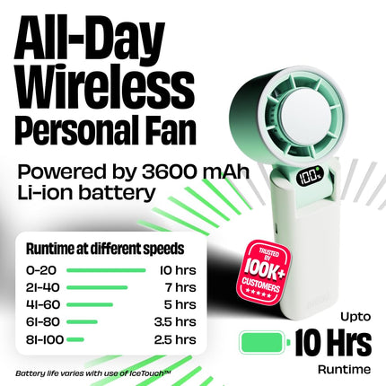 NUUK BFF Hand Fan, 13000 RPM Personal Fan With Icetouch Cooling |3600Mah USB Rechargeable Battery [Up To 10H] |Quiet Foldable Fan For Travel, Commute, Office, Makeup & Outdoor | 100-Speed Dial, Green 