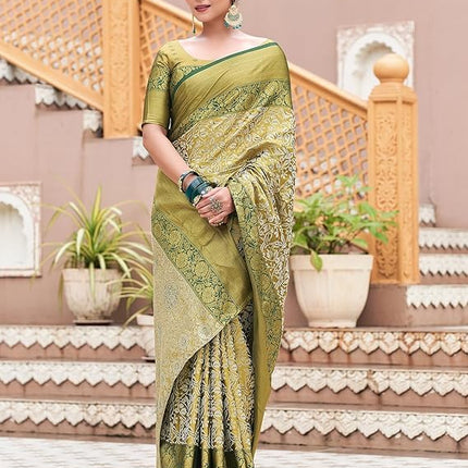 ZECVA Women's Pure Kanchipuram Kanjivaram Silk Saree For Women With Zari Weaving All Over Saree Attach With Unstitch Blouse Piece (GREEN) 