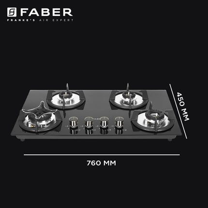 Faber Hob 4 Burner | Auto-Ignition | Spillage Proof | HOB SUPERIA HT764 BR AI | Concealed Chamber | Metal Knobs | Pan Support | Black Glass Finish |5 Yr Warranty on Burner & Glass | 1 Yr comprehensive 