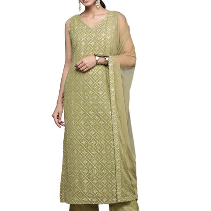 Libas Women's Georgette Kurta Sets (34472_Olive 