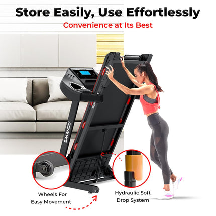 Sparnod Fitness STH-3600 Multifunction Treadmill for Home Use, 4 HP Peak DC Motor, 16 Km/H, Advanced Console with 12 Pre-Set, Massager, Supports 110 Kg User Weight Hydraulic Foldable Inbuilt Speakers 