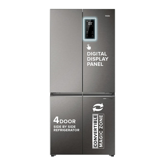 Haier 520L 3 Star Lumiere French Door 4-Door Side by Side Frost Free Refrigerator | Convertible Magic Zone | Inverter | Digital Display Panel | Deo Fresh Technology (HRB-600IS, Inox Steel) 