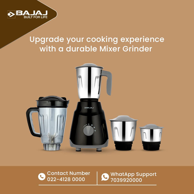 Bajaj Rex Ninja Series 4 Jar 500W Mixer Grinder | DuraCut Blades | 2-In-1 Function Blade In Dry Jar | 2 Yrs Warranty 【Black/Grey】 