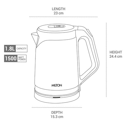 Milton Euroline Vienna Electric 1.8 Stainless Steel Electric Kettle, 1 Piece, 1.8 Litre, Black, Power Indicator, 1500 Watts, Double Walled, Auto Cut-off 