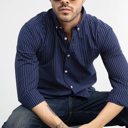 SNITCH Lining Navy Spread Collar Stripe Slim Fit Shirt 