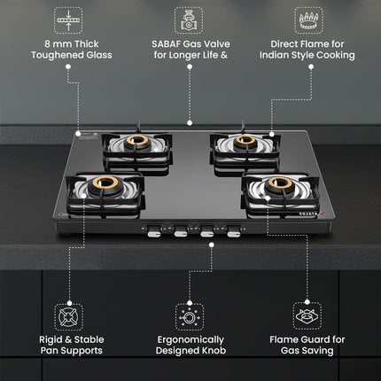 Sujata Classic Auto Ignition Gas Stove | 9 Years Warranty | 4 Burner Gas Stove Glass Top, SABAF, ISI Certified, LPG & PNG Compatible, Jumbo Brass Burner (Black) 