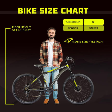 CRADIAC Hustler 7 Speed 26 inch Steel Geared High Performance Mountain Cycle for Men with Front Suspension & Dual disc Brakes | Ideal for 12+ Years, Unisex, Frame Size - 18.5 Inch 