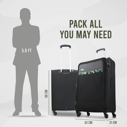 Aristocrat Commander 69Cms Premium Polyester with PVC Coating Soft Sided Check-in 4 Spinner Wheels Medium Black Suitcase 