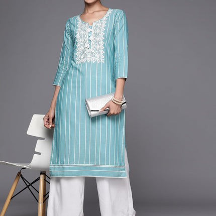 Libas Women's Cotton Yoke Design Straight Kurta (23637O_Blue 