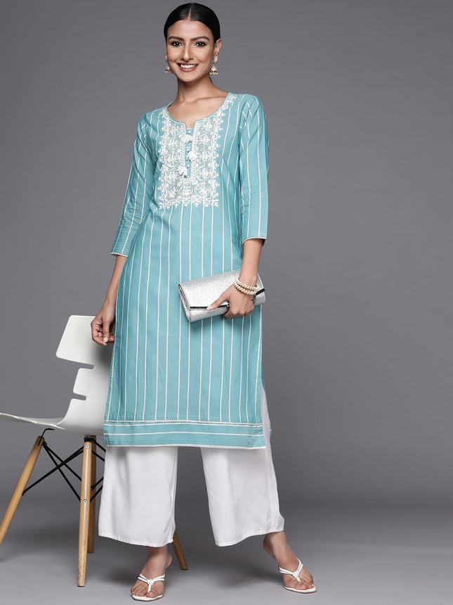 Libas Women's Cotton Yoke Design Straight Kurta (23637O_Blue 