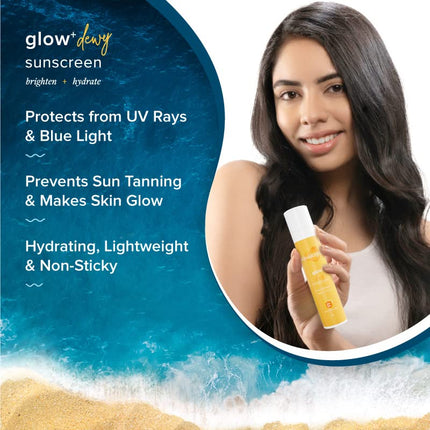 Aqualogica Glow+ Dewy Sunscreen SPF 50 PA++++ with Papaya & Vitamin C | For Dry, Sensitive, Oily & Combination Skin | UVA/B & Blue Light Protection | Fragrance-Free | For Men & Women | 50g 