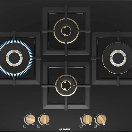 Bosch Built in Gas Hob Black Tempered glass Glass 4 Burner Auto Ignition 75 cm True Brass 2D Ring Burners with Matt Black Heat Shields & Cast Iron pan supports (PNI7B6F20I) 