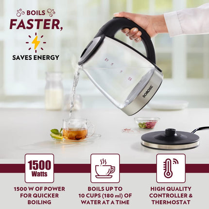 Borosil Electric Glass Kettle, Borosilicate Glass, Extra Long Cord, Dry-boil Protection, 360° Rotating Base, 1.8 L, Transparent 