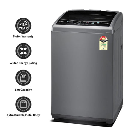 Panasonic 6 Kg 4 Star Fully-Automatic Top Load Washing Machine ( NA-F60LF1HRB, Grey, Durable Metal Body, 8 Wash Program, Aquabeat wash technology, One touch smart wash) 