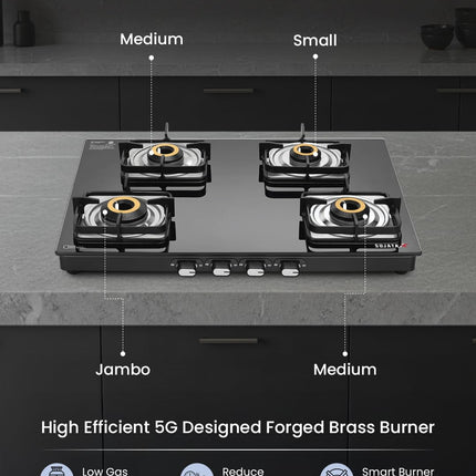 Sujata Classic Auto Ignition Gas Stove | 9 Years Warranty | 4 Burner Gas Stove Glass Top, SABAF, ISI Certified, LPG & PNG Compatible, Jumbo Brass Burner (Black) 