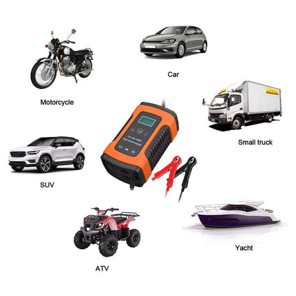 PESOMA Fully Automatic Car Battery Charger 5A 12V, Battery Charger for Car, Bike & Maintainer- EU Plug for Battery Including Calcium Batteries-LED with Flickering Tinted Glass Controller Pack of 1 