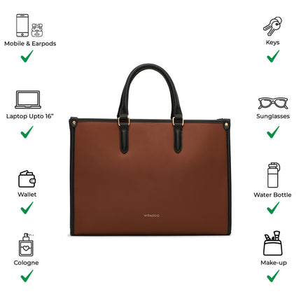 Miraggio Womens Denice Large Sized Tote Bag With Adjustable & Detachable Sling Strap And Top Handles, Brown 
