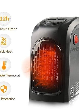 Small Electric Handy Room Heater Compact Plug-in||The Wall Outlet Space Heater 400Watts Garage Bathroom Home||Handy Air Warmer Blower Adjustable Timer Digital Display for Office/Camper