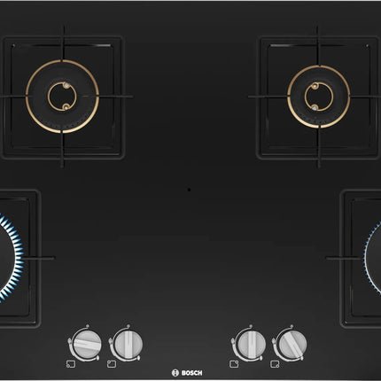 Bosch Built in Gas Hob Black Tempered glass Glass 4 Burner Auto Ignition 90 cm True Brass 2D Ring Burners with Glossy Black Heat Shields & Enameld pan supports (PNF9B6F10I) 