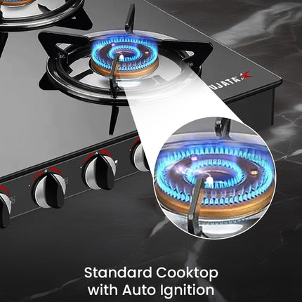 Sujata Standard Auto Ignition Gas Stove 4 Burners | 9 Years Warranty | 4 Burner Gas Stove Glass Top, Stove 4 Burner, ISI Certified, SABAF Valve, LPG & PNG Compatible, 360° Rotating Nozzle (Black) 