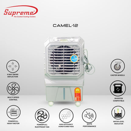 Supreme Portable Air Cooler CAMEL-12 with 30 Litre Tank | 100 Watt | 12 inch Blade | 4 Way Air Deflection with Auto Swing Grills | Inverter Compatible | For Personal Use | 1 Year Warranty 