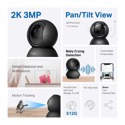 Tapo 2K 3MP Pan/Tilt Indoor Wireless Security Camera for Baby Monitor,Pet Camera|Motion Detection & Tracking|2-Way Audio|Cloud & SD Card Storage|Works w/Alexa & Google Home|Black C211 