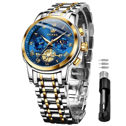 OLEVS Watches for Men Chronograph Business Blue Wrist Watches Analog Quartz Moon Phase Stainless Steel Waterproof Luminous Dress Watches 