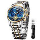 OLEVS Watches for Men Chronograph Business Blue Wrist Watches Analog Quartz Moon Phase Stainless Steel Waterproof Luminous Dress Watches 