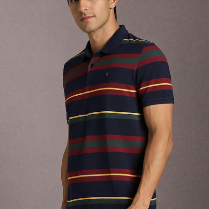Louis Philippe Men's Striped Slim Fit T-Shirt (LYKPCSLBN12553_Navy 