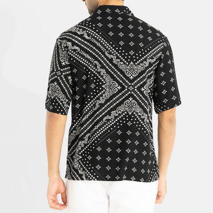 SNITCH Men Casual Shirt | Oversized Fit Half Sleeve Cuban Collar Geometric Print | Premium Rayon Fabric & Smooth Texture for Casual Wear & College Wear |Jet Black, M 