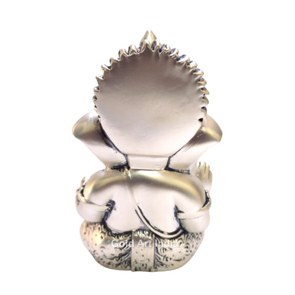 Gold Art India 999 Matte Silver Plated Antique Mukut Ganesha - 3.5" - Perfect for Gifting, Home Decor, Car Dashboard Murti Ganpati Idol for Home Decor Puja Statue Gift for Office Desk Puja Room, God 
