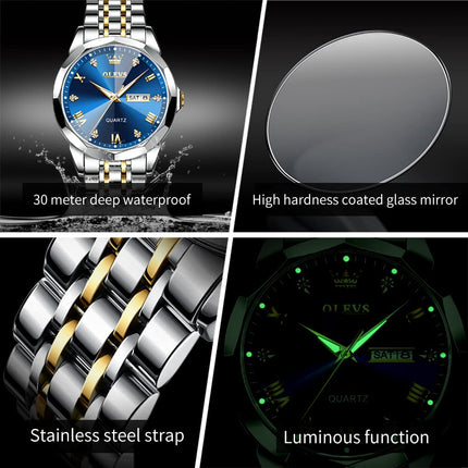 OLEVS Watch for Men Diamond Business Dress Analog Quartz Stainless Steel Waterproof Luminous Date Two Tone Luxury Casual Wrist Watch 