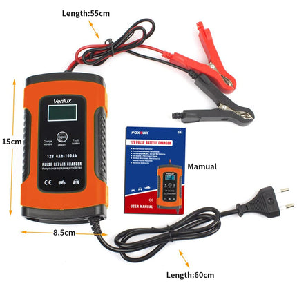 Verilux® Fully Automatic Battery Charger 5A 12V, Car Battery Charger & Maintainer- EU Plugfor Car, Motorcycle, Lawn Mower and More(Red) 