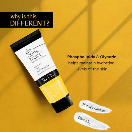 Deconstruct Face Gel Sunscreen SPF 50 + and PA+++ | Gel based sunscreen for oily, combination skin, normal skin | Broad spectrum sunscreen, No White Cast, Lightweight, Non greasy - 50g 