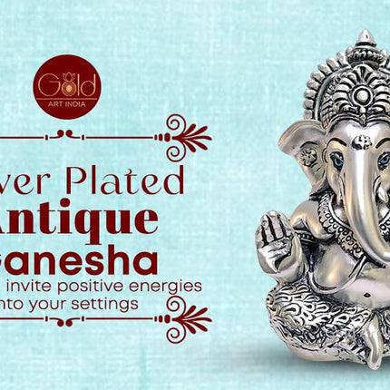 Gold Art India 999 Matte Silver Plated Antique Mukut Ganesha - 3.5" - Perfect for Gifting, Home Decor, Car Dashboard Murti Ganpati Idol for Home Decor Puja Statue Gift for Office Desk Puja Room, God 