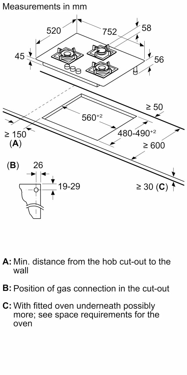 Bosch Built in Gas Hob Black Tempered glass Glass 3 Burner Auto Ignition 75 cm Full Brass 3D Ring Burners with Matt Black Heat Shields & Cast Iron pan supports (PND7B6G20I) 