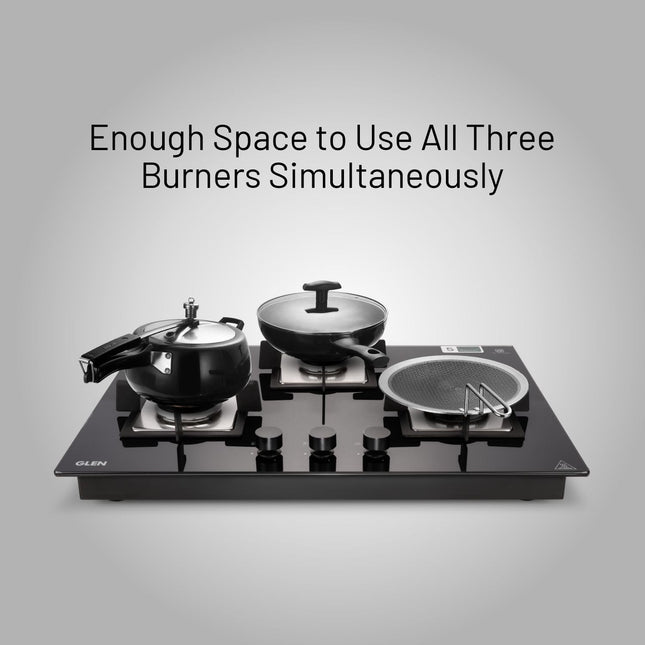 Glen Hob Top 3 Burner Built In Hob In Glass Hob Gas Stove 3 Burner Auto Ignition | 8 MM Toughened Glass | Italian Burner with Double Ring Flame Warranty 2 Years Standard (1073 SQ HT IN 70) 