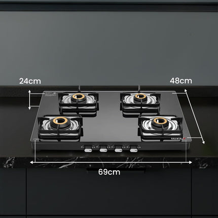 Sujata Premium Gas Stove | 9 Years Warranty | 4 Burner Gas Stove Glass Top, SABAF, ISI Certified, LPG & PNG Compatible, 360° Rotating Brass Gas Nozzle, Jumbo Brass Burner (Black) 