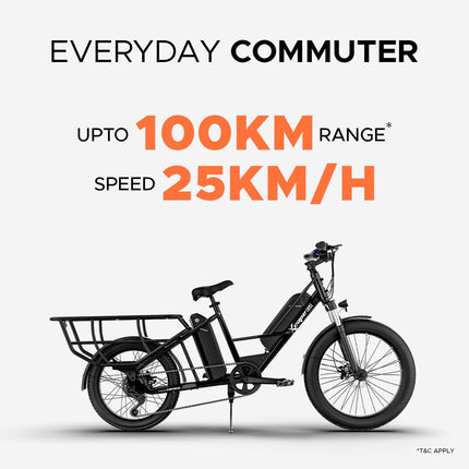 Xcape G1 Cargo Electric Cycle with Dual 48V 10.2Ah Removable Batteries | 250W Motor | Up to 100 km Range | Heavy-Duty Longtail Frame | Front Suspension | 90% Assembled | Powered by EMotorad (Black) 