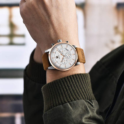 BY BENYAR Quartz Chronograph Waterproof White Dial Business and Sport Design Leather Band Strap Men's Wrist Watch (Brown) 