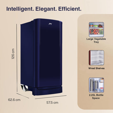 Godrej 183 L 3 Star | Farm Fresh Crisper Technology | Turbo Cooling Technology | Wide Shelf | Jumbo Vegetable Tray | Wired Shelves Direct Cool Single Door Refrigerator (RD R190C WRF NY BL, Navy Blue) 