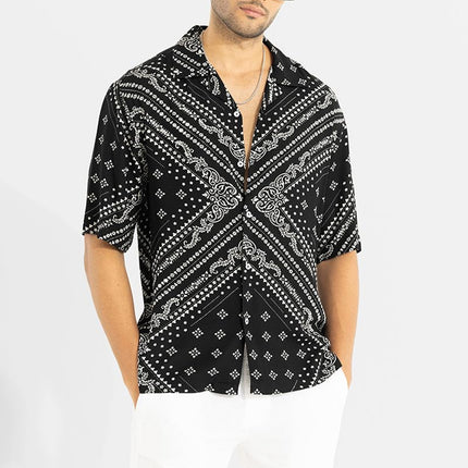 SNITCH Men Casual Shirt | Oversized Fit Half Sleeve Cuban Collar Geometric Print | Premium Rayon Fabric & Smooth Texture for Casual Wear & College Wear |Jet Black, M 