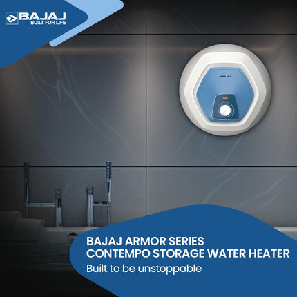 Bajaj Armour series Contempo 10L Storage Water Heater For Home|5 Star Rated Geyser For Bathroom|20% More Hot Water*|Thermostat Knob|Shock Resistant & Rust Proof|Child Safety Mode|4-Yr Warranty|White 