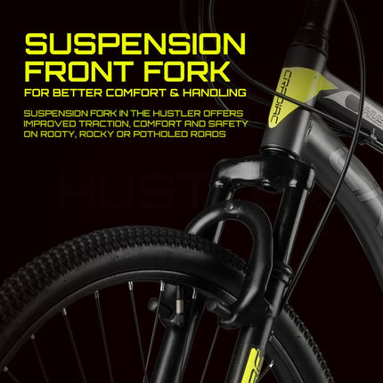 CRADIAC Hustler 7 Speed 26 inch Steel Geared High Performance Mountain Cycle for Men with Front Suspension & Dual disc Brakes | Ideal for 12+ Years, Unisex, Frame Size - 18.5 Inch 