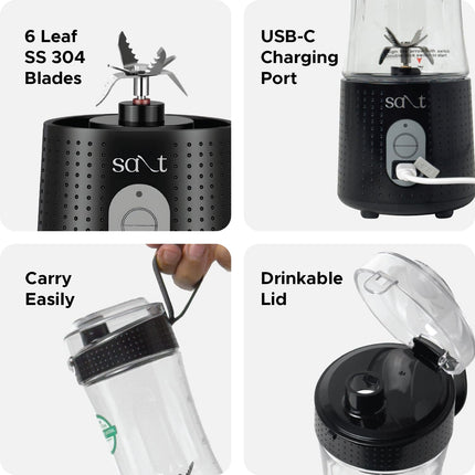 Salt PureBlend Sport Portable Blender for Smoothies, Protein Shakes, Crushing Ice | Sipper Lid | 4000 mAh Battery, USB-C Port | 230W Motor | 400 ML (Black) 
