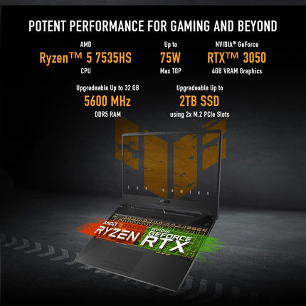 ASUS TUF Gaming A15, 15.6" FHD 16:9 144Hz 250nits, AMD Ryzen 5 7535HS Processor, Gaming Laptop (16GB RAM/512GB SSD/NVIDIA GeForce RTX 3050/Windows 11/Office 2021/Graphite Black/2.3 Kg),FA566NC-HN083WS 