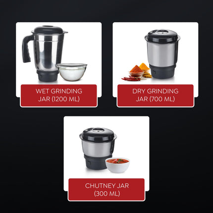Judge by Prestige 500 Watts ACE Mixer Grinder with 3 Stainless Steel Jars| 3 Efficient Stainless Steel blades| Overload Protector| Sturdy Handles| Black 